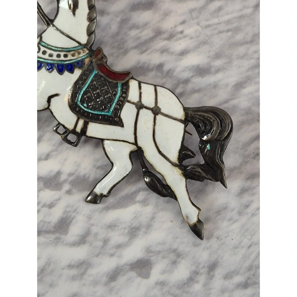 Vintage Siam Silver Enamel White Horse Equestrian Brooch Pin Sterling Silver